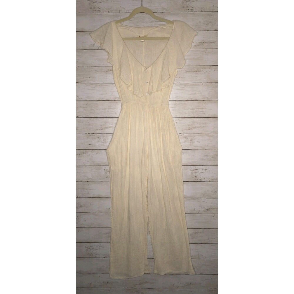 Vintage Illusions Jumpsuit Small Beach Boho Coastal Festival Ivory Crinkle Gauze